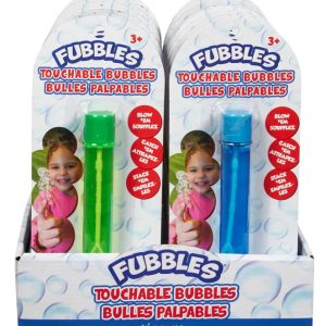 PDQ display featuring Fubbles Touchable Bubbles in blister card packaging—fun, touchable bubble solution that you can catch and stack!